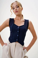 Trend Alaçatı Stili Women's Navy Blue Heart Collar Buttoned Crop Vest