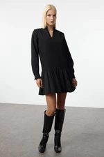 Trendyol Black Shift/Straight Cut V Neck Flounce Skirt Belmando Mini Woven Dress