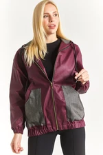 armonika Women's Burgundy Smoked Hooded Waterproof Raincoat with Pocket