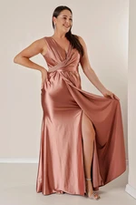 By Saygı Plus Size Long Satin Dress with Beaded Detail and Lined Draping in the Front.