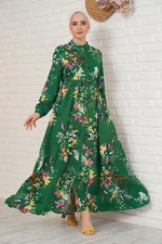 Bigdart 2144 Green Patterned Big Collar Hijab Dress