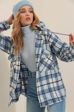 Trend Alaçatı Stili Women's Blue Checkered Shirt with Double Pockets, Hooded and Stamped Stamps