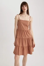 DEFACTO Square Collar Linen Look Sleeveless Mini Short Sleeve Woven Dress