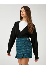 Koton Mini Shorts Skirt Tweed Pleated Pleated Patterned Sides with Buckle Detail.