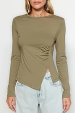 Trendyol Khaki Knitted Blouse With One Slit Detail Cotton Pleated Round Neck