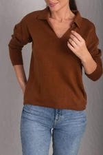 armonika Women's Brown Polo Collar Knitwear Sweater