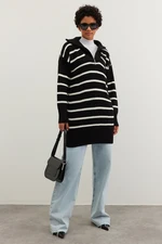 Trendyol Black Striped Zippered Collar Knitwear Sweater