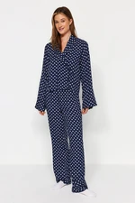 Trendyol Navy Blue Heart Patterned Tie Detailed Shirt-Pants Woven Pajama Set