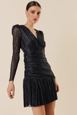 By Saygı Double-breasted Collar Lined Pleated Glittery Dress Navy Blue