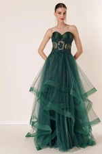 By Saygı Bead Embroidered Top Transparent Tiered Tulle Taffeta Long Evening Dress