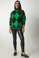 Happiness İstanbul Women's Green Diamond Pattern Oversized Knitwear Sweater