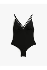 Koton V-Neck Swimsuit with Thin Straps Covered Piping Detail.