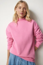 Happiness İstanbul Women's Light Pink Stand-Up Collar Basic Branded Sweatshirt