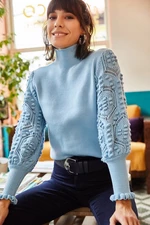 Olalook női babakék ujjú részletes puha textúrájú kötöttáru pulóver