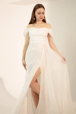 Lafaba Women's White Boat Collar Draped Long Glittery Evening Dress with a Slit.