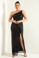 Lafaba Women's Black One-Shoulder Slit Plus Size Long Evening Dress