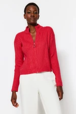 Trendyol Soft Textured Fuchsia Zippered Knitwear Cardigan