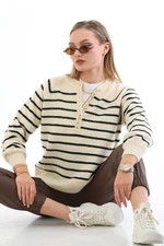 BİKELİFE Women's Black Striped Button-down Turtleneck Knitwear Sweater