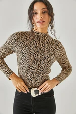 Olalook Women's Leopard Black High-Collar Lycra Crop Blouse