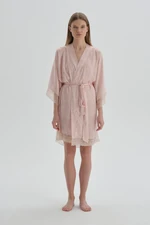 Dagi Dark Pink Patterned Satin Dressing Gown with Lace Detail.