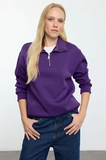 Trendyol Purple Oversize/Wide Pattern Zippered Collar Thick Polar Fleece Knitted Sweatshirt