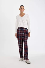 DEFACTO Fall In Love Pajama Set V Neck Long Sleeve Basic Plain Top Plaid Elastic Waist Bottom