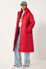 Happiness İstanbul Women's Red Hooded Long Puffer Coat