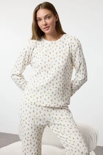 Trendyol Ecru Soft Touch Cotton Floral Ribbed Knitted Pajama Set