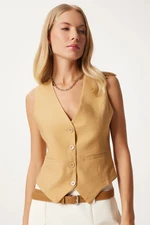 Happiness İstanbul Women's Camel V Neck Stylish Ayrobin Vest