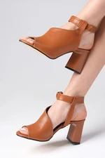 Mio Gusto Sonya Tan Color Asymmetric Cut Ankle Strap Women's Thick Heeled Sandals