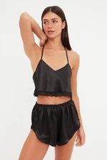 Trendyol Black Lace Rope Strap Crop Satin Woven Pajama Set