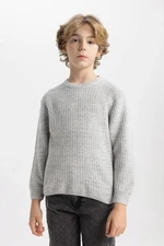 DEFACTO Boy's Gray Crew Neck Basic Plain Knitwear Sweater