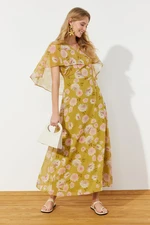 Trendyol Mustard Floral Half Sleeve Lined Woven Chiffon Dress