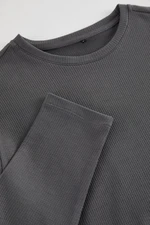 Trendyol Anthracite Regular/Normal Cut Long Sleeve Basic Textured 100% Cotton T-Shirt