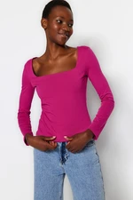 Trendyol Fuchsia Cotton Stretch Square Neck Fitted/Situated Knit Blouse