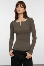 Trendyol Stone Snap Fitted/Body-Sit Ribbed Flexible Knitted Blouse