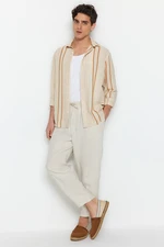 Trendyol Limited Edition Camel Regular Fit Striped Linen Textured Shirt