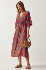 Happiness İstanbul Women's Orange Blue Wrapover Neck Patterned Summer Viscose Dress