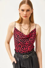 Olalook Women's Leopard Fuchsia Turndown Collar Rope Strappy Blouse