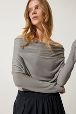 Happiness İstanbul Women's Gray Off-the-Shoulder Gather Detailed Blouse