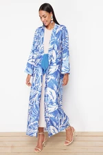 Trendyol Blue Tropical Patterned Long Woven Kimono & Kaftan