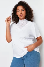 Trendyol Curve White Embroidered Stand Collar Basic Mold Cotton Knitted Blouse