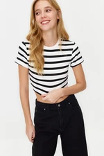 Trendyol Premium Black Ecru Striped Viscous/Soft Fabric Crop Crew Neck Stretchy Knitted Blouse