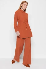 Trendyol Cinnamon Waist Shirred Woven Aerobin Linen Look Shirt-Pants Suit