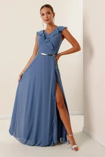 By Saygı Belted Chiffon Long Dress with Flouncing Collar. Wide Size Range Indigo.