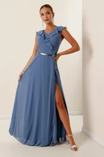 By Saygı Flounce Collar Belted Chiffon Slit Long Dress Wide Size Range Indigo