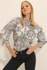 Trend Alaçatı Stili Women's Cream-Black Paisley Patterned Balloon Sleeve Linen Shirt