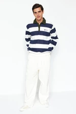 Trendyol Navy Regular/Regular Fit Polo Neck Striped Fleece Inside Cotton Sweatshirt