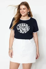 Trendyol Curve Navy Blue Printed Crop 100% Cotton Knitted T-shirt