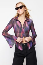 Trendyol Purple Special Textured Fitted/Closed Printed Shirt Collar Stretchy Knitted Blouse